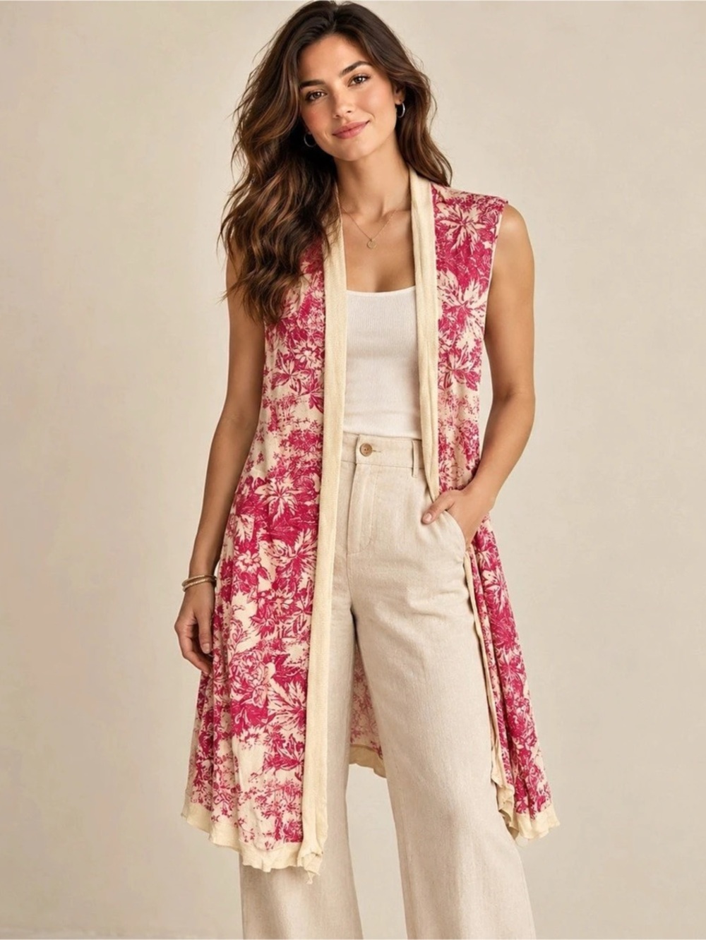 GUINEVERE Floral Sleeveless Duster in Pink & Cream XS Like New